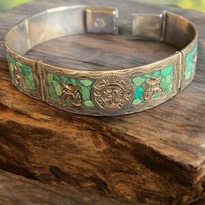 Vintage sterling silver & inlaid tuqouise Mexican panel bracelet 1960s 7.25”
